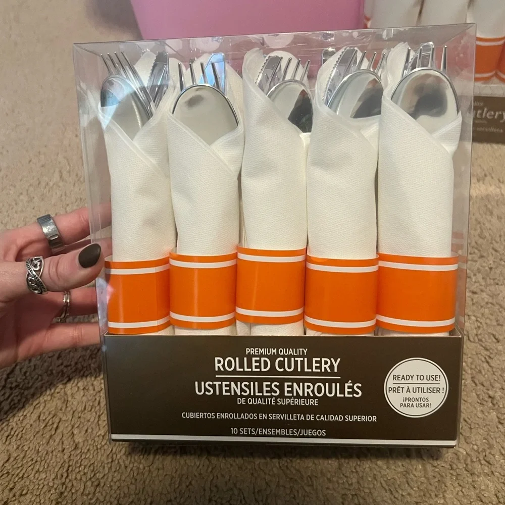Orange and White Rolled Cutlery Set of 20 (10 per box)